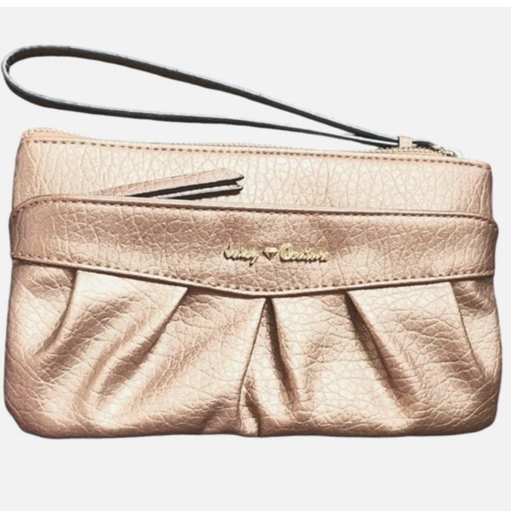Juicy Couture Wristlet Pouch Women Rose Gold Metallic Faux Leather Pleated